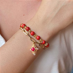 Pulseira Duas Voltas Howlita Vermelha
