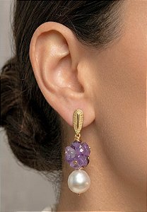 Brinco Grande Cascalho Ametista e Pérola