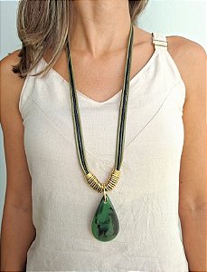 Colar Verde Longo Gota em Resina