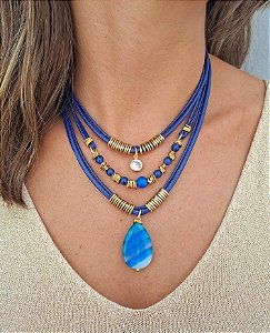 Colar Três Voltas Marinho Ágata Azul