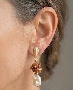Brinco Gold Stone e Pérola estilo Boho