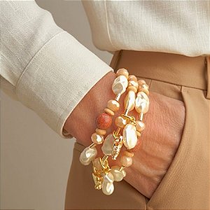 Pulseira Três Voltas em Cristais e Gold Stone