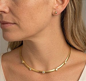 Conjunto Colar Fita e Brinco em Aço Inox Banhado