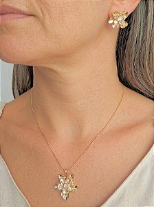 Colar e Brinco Flor e Zircônia