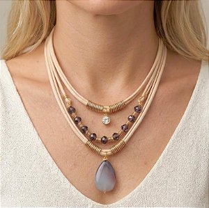 Colar Três Voltas Nude Gota Ametista