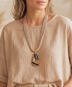 Colar Longo Nude e Gota Resina Colorida