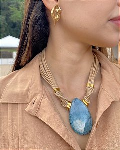 Maxi Colar Nude e Gota Azul em Resina