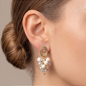 Brinco Cacho Resina Branca e Cristais