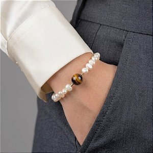 Pulseira Pérola Boho e Olho de Tigre
