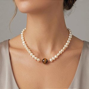 Colar Pérolas Boho e Olho de Tigre