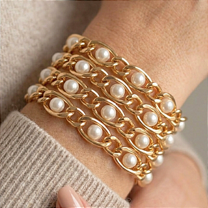 Pulseira Correntes e Pérolas ABS
