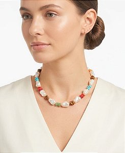 Colar Pérolas Boho e Pedras Naturais