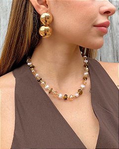Colar Pérola Boho e Olho de Tigre