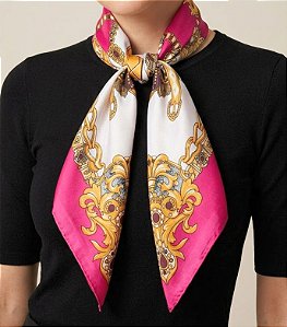 Colar Lenço Rosa G com Passante Banhado