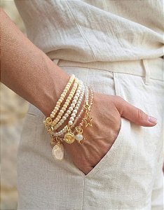 Maxi Pulseira Nude Cristais e Pérola