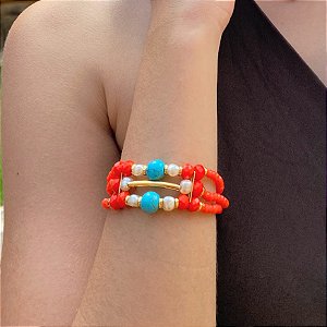 Pulseira Coral em Cristais e Howlita