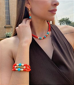 Conjunto Colar Brinco e Pulseira Coral