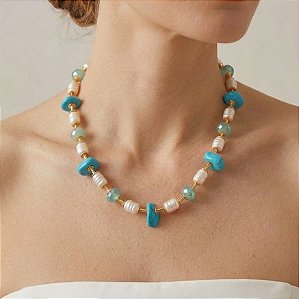 Colar Pérolas Cristais e Howlita Azul