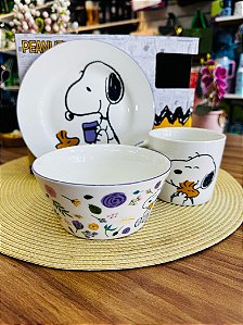 KIT CAFÉ DA MANHÃ SNOOPY  CERÂMICA  PRATO + BOWL + CANECA 3 PEÇAS