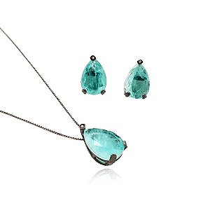 Conjunto gargantilha e brinco prata 925 banho ródio negro gota azul