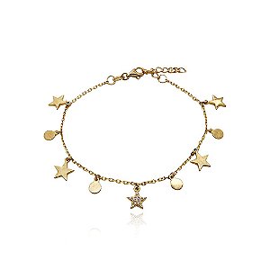 Pulseira prata 925 banho ouro 18k estrelas e placas redondas lisas