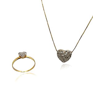 Conjunto colar e anel coração com diamantes