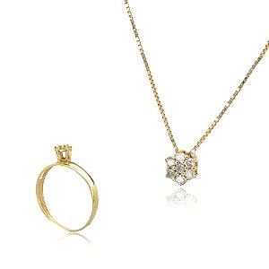 Conjunto colar e anel flor com diamantes