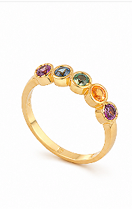 Anel de Ouro Amarelo 18k Aliança com Zircônias Multicores Delicado