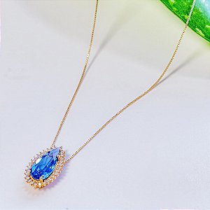 Gargantilha ouro 18K 45cm gota topázio azul london blue com diamantes