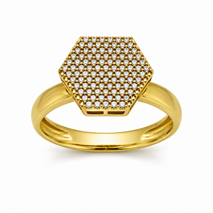 Anel Chuveiro em Ouro 18k, formato hexagonal cravejado de zircônias