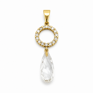 Pingente de ouro 18k com gota de cristal e zircônias