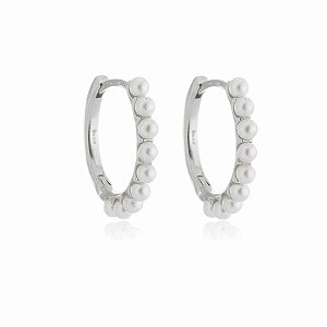 Brinco de prata 925, estilo argola, com pérolas