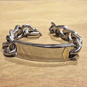 Pulseira em Aço, chapa central com detalhe de losango em Ouro 18k