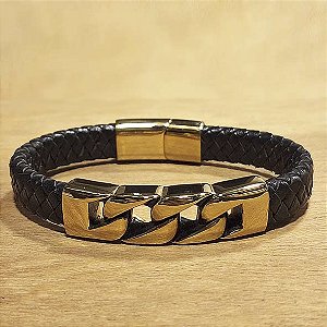 Pulseira de Couro Trançado com Detalhe em Aço Dourado