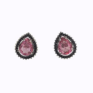 Brinco de Prata 925, banho de Ouro Gota Rosa com Zirconias