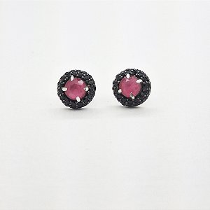 Brinco Prata 925 Redondo com Rubelita e Zircônias Negras