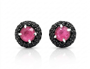 Brinco Prata 925 Redondo com Rubelita e Zircônias Negras