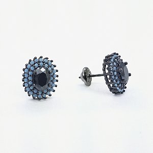 Brinco prata 925 oval com zirconias turquesas