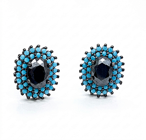 Brinco prata 925 oval com zirconias turquesas