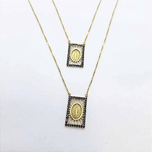 Escapulário Ouro 18k, Nossa Sra das Graças, 60cm com zirconias negras.