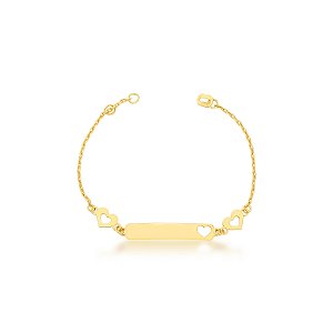Pulseira Infantil Placa e Corações em Ouro 18k