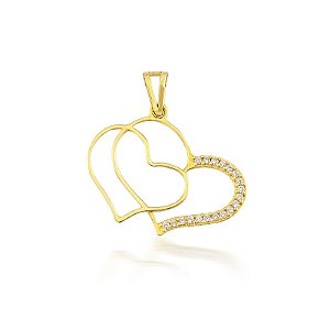Pingente Coração Duplo em Ouro 18k com Zircônias