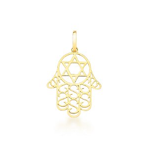 Pingente Mão de Fátima com Estrela de Davi em Ouro 18k