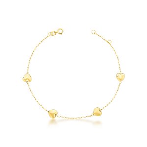 Pulseira Elo Português com Corações Lisos em Ouro 18k