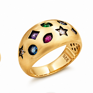 Anel Prata 925 Banho de Ouro 18K com 8 Zircônias Coloridas Abaulado Liso Feminino