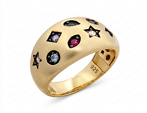 Anel Céu Estrelado em Prata 925 com Banho Dourado e Zircônias Coloridas