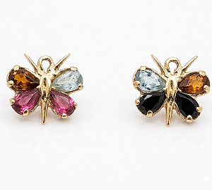Brinco ouro 18k borboleta com pedras brasileiras