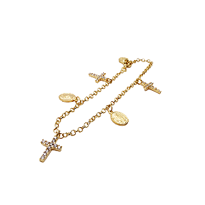 Pulseira prata 925 banho ouro 18k elos portugueses intercalados com medalhas e cruz