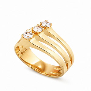 Anel Prata 925 Banho de Ouro 18K com 3 Solitários Clássicos Verticais Feminino