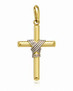 Pingente Cruz Ouro Amarelo e Branco com Corda Oval
